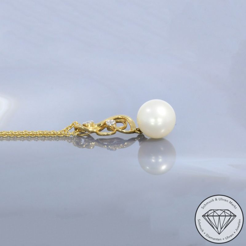 Wert 1890 € Brillant Perl Anhänger & Kette in 585er 14 K Gelbgold - H1927