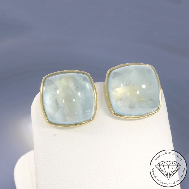 Wert 2250 € Aquamarin Cabochon Ohrringe 585er/14 Karat Gelb Gold Länge 1,4 cm – 105157