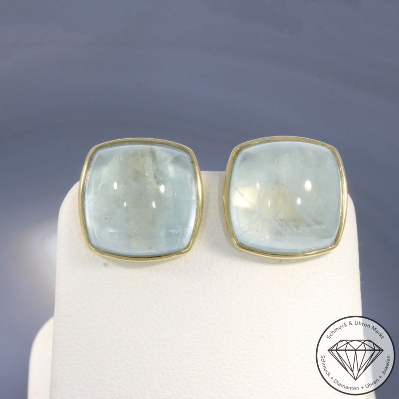 Wert 2250 € Aquamarin Cabochon Ohrringe 585er/14 Karat Gelb Gold Länge 1,4 cm – 105157