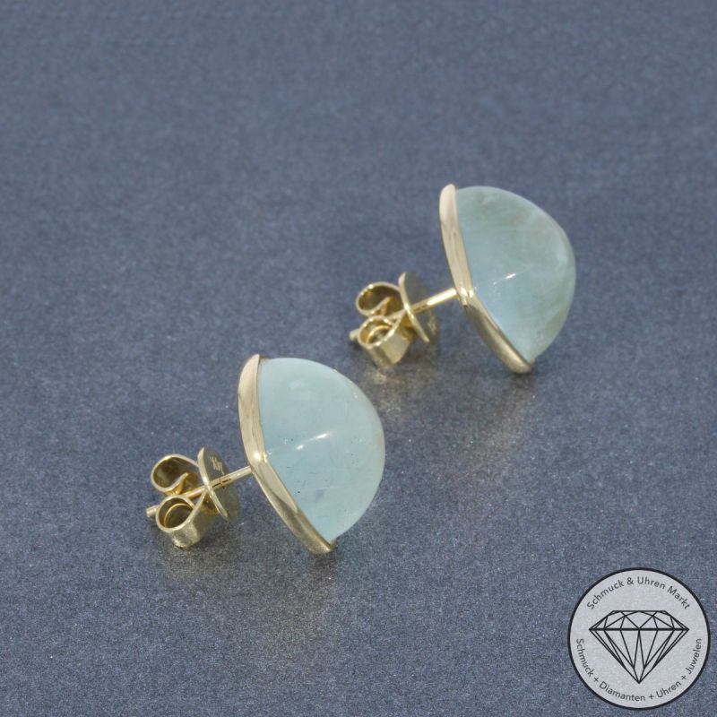 Wert 2250 € Aquamarin Cabochon Ohrringe 585er/14 Karat Gelb Gold Länge 1,4 cm – 105157
