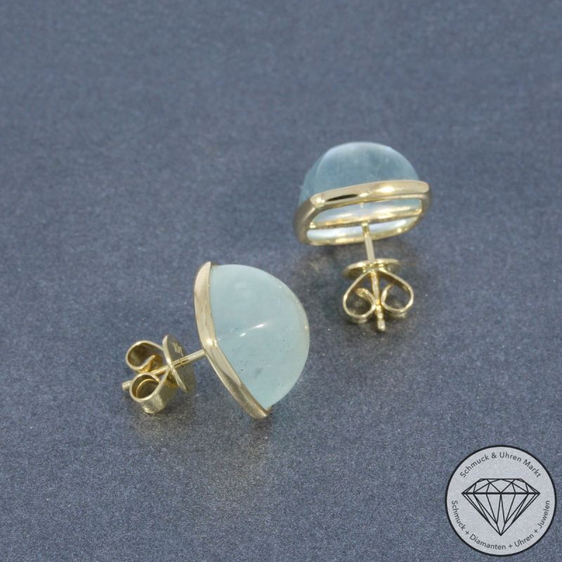Wert 2250 € Aquamarin Cabochon Ohrringe 585er/14 Karat Gelb Gold Länge 1,4 cm – 105157