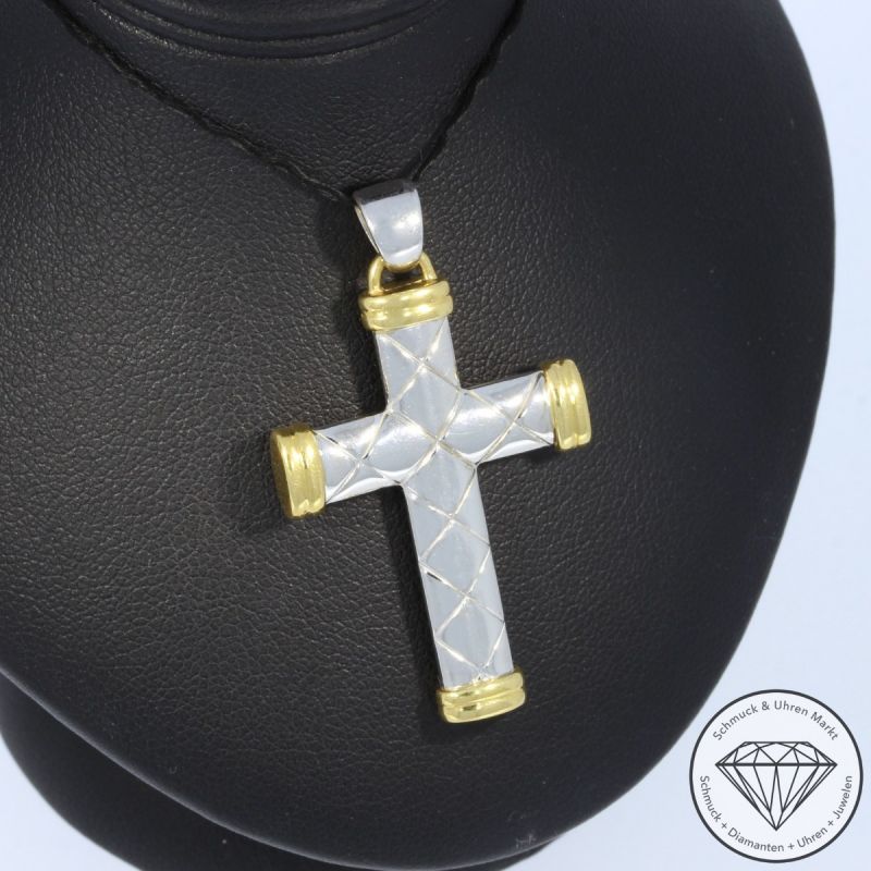 Wert 1990 € Bicolor Kreuz Anhänger 750er/18 Karat Gelb und Weiß Gold Länge 4,2 cm – 105238
