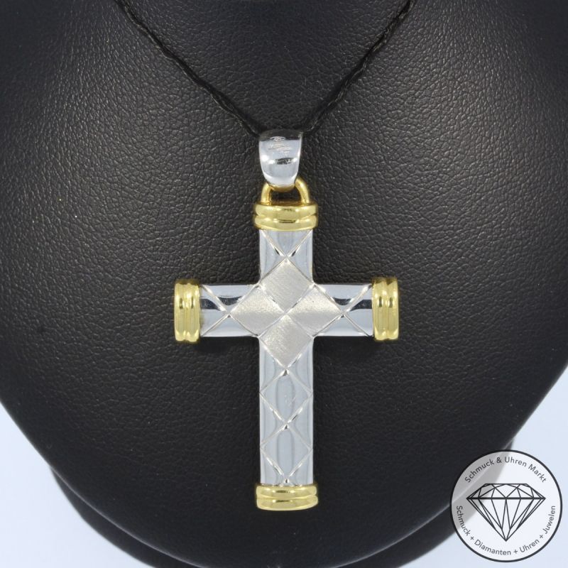Wert 1990 € Bicolor Kreuz Anhänger 750er/18 Karat Gelb und Weiß Gold Länge 4,2 cm – 105238