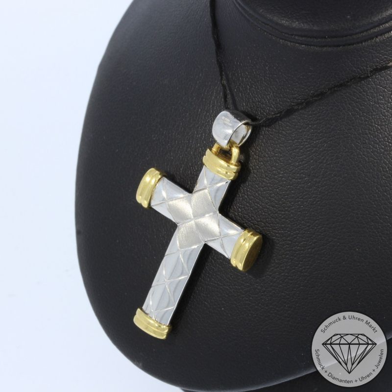Wert 1990 € Bicolor Kreuz Anhänger 750er/18 Karat Gelb und Weiß Gold Länge 4,2 cm – 105238