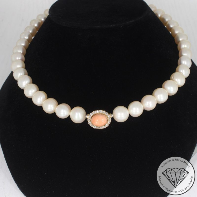 Wert 1950 € Diamant Korall Perlen Collier in 750er 18 K Gelbgold - 105648