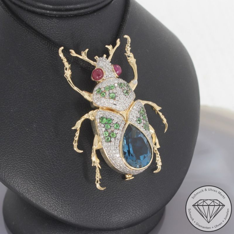Wert 11950 € Brillant Topas Rubin Tsavorite Käfer Anhänger in 585er 14 K Gelbgold - 105730