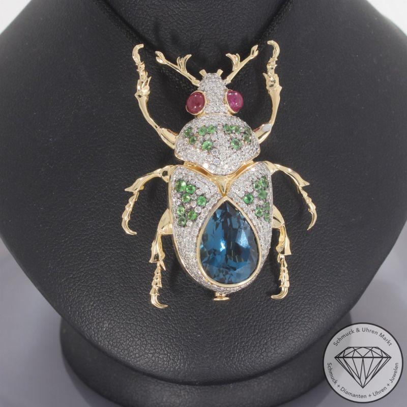 Wert 11950 € Brillant Topas Rubin Tsavorite Käfer Anhänger in 585er 14 K Gelbgold - 105730