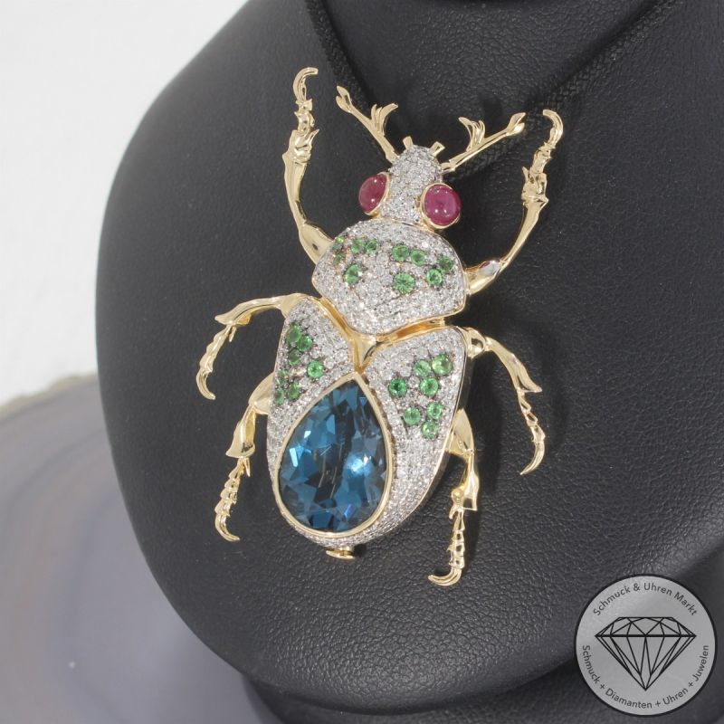 Wert 11950 € Brillant Topas Rubin Tsavorite Käfer Anhänger in 585er 14 K Gelbgold - 105730