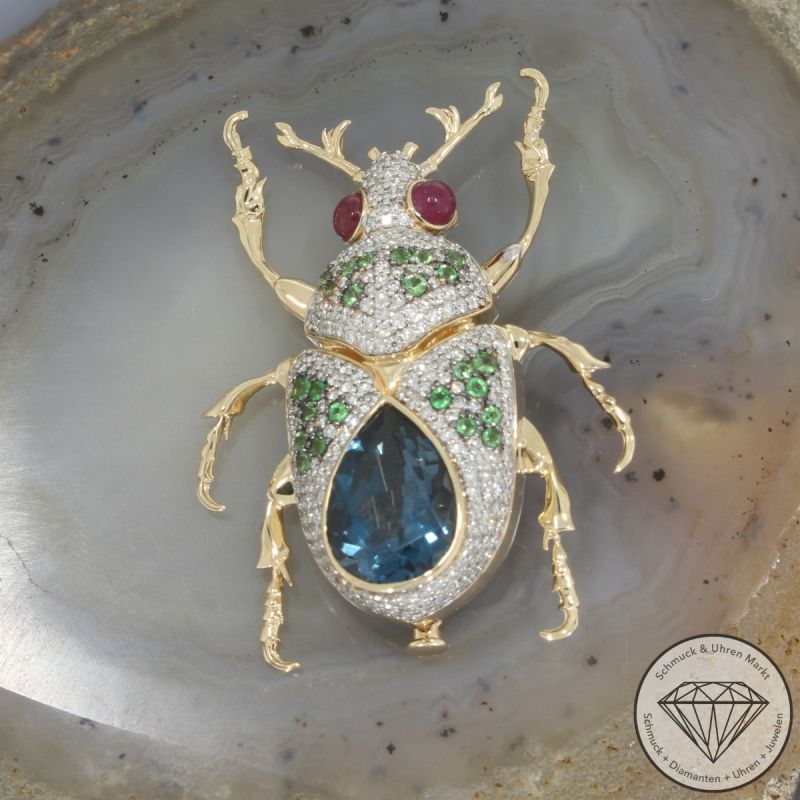 Wert 11950 € Brillant Topas Rubin Tsavorite Käfer Anhänger in 585er 14 K Gelbgold - 105730