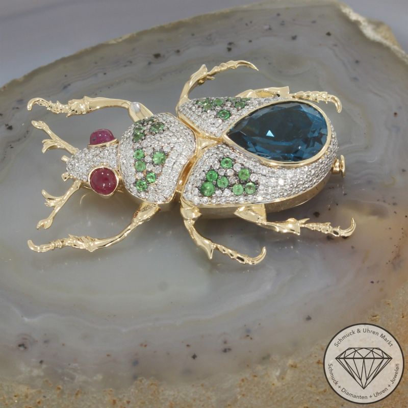 Wert 11950 € Brillant Topas Rubin Tsavorite Käfer Anhänger in 585er 14 K Gelbgold - 105730