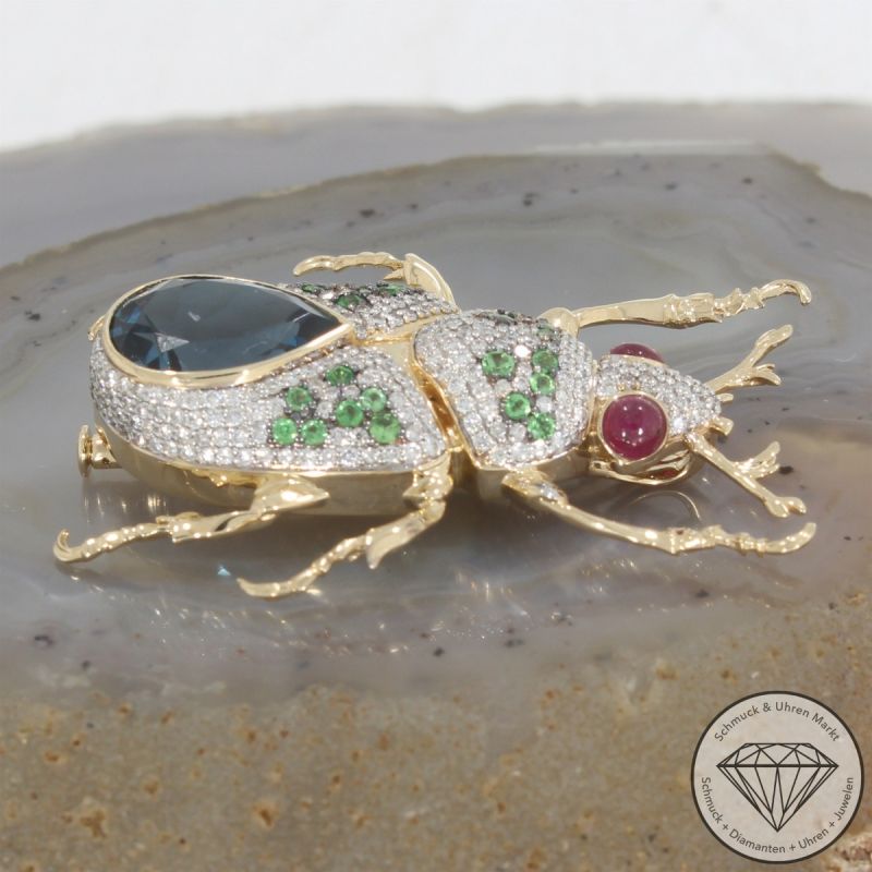Wert 11950 € Brillant Topas Rubin Tsavorite Käfer Anhänger in 585er 14 K Gelbgold - 105730
