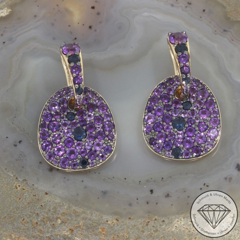 Wert 8490 € Amethyst Saphir Ohrringe in 585er 18 K Gelbgold - 105732