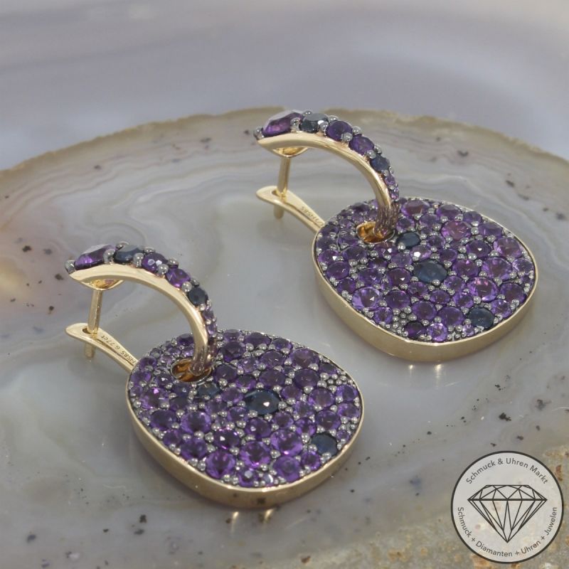 Wert 8490 € Amethyst Saphir Ohrringe in 585er 18 K Gelbgold - 105732