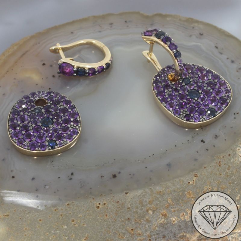 Wert 8490 € Amethyst Saphir Ohrringe in 585er 18 K Gelbgold - 105732