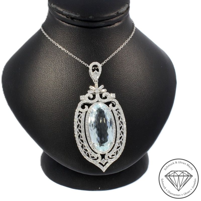 Wert 10650 € Brillant Diamant Aquamarin Anhänger & Kette in 585er 14 K Weißgold - 105765