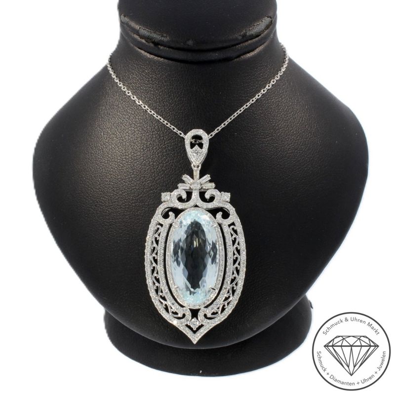Wert 10650 € Brillant Diamant Aquamarin Anhänger & Kette in 585er 14 K Weißgold - 105765
