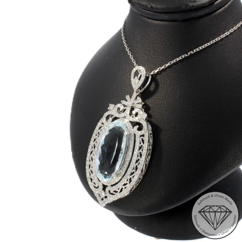 Wert 10650 € Brillant Diamant Aquamarin Anhänger & Kette in 585er 14 K Weißgold - 105765