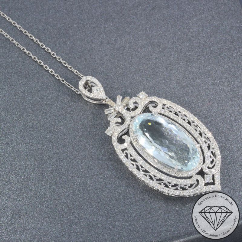 Wert 10650 € Brillant Diamant Aquamarin Anhänger & Kette in 585er 14 K Weißgold - 105765