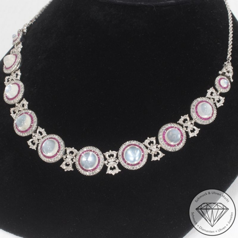 Wert 11500 € Diamant Rubin Mondstein Collier & Armband in 750er 18 K Weißgold - 105769