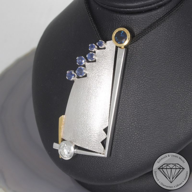 Wert 5390 € Bicolor Brillant Saphir Anhänger Brosche in 585er 14 K Gold - 105844