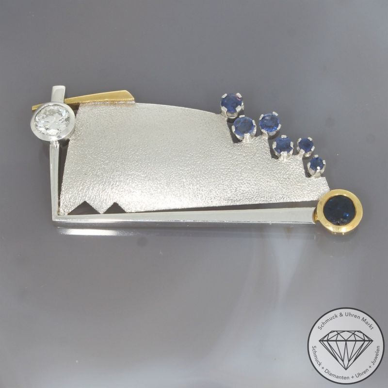 Wert 5390 € Bicolor Brillant Saphir Anhänger Brosche in 585er 14 K Gold - 105844