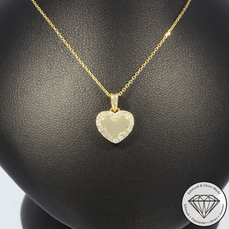 Wert 1290 € Brillant Anhänger & Kette Herz (0,16 carat) in 585er 14 K Gelbgold - H40