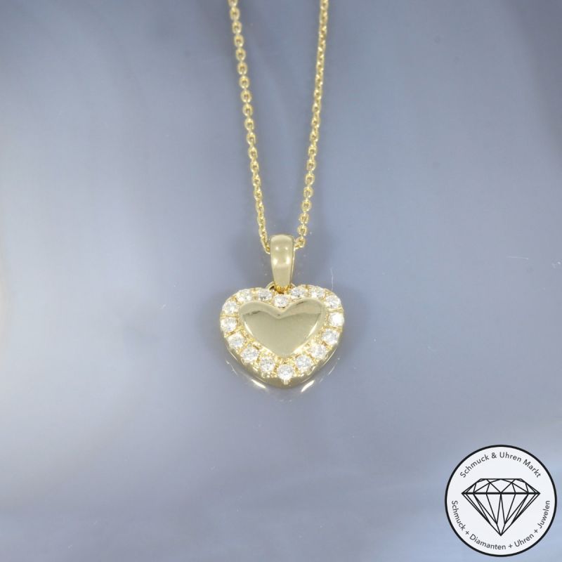 Wert 1290 € Brillant Anhänger & Kette Herz (0,16 carat) in 585er 14 K Gelbgold - H40