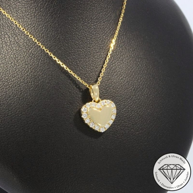Wert 1290 € Brillant Anhänger & Kette Herz (0,16 carat) in 585er 14 K Gelbgold - H40