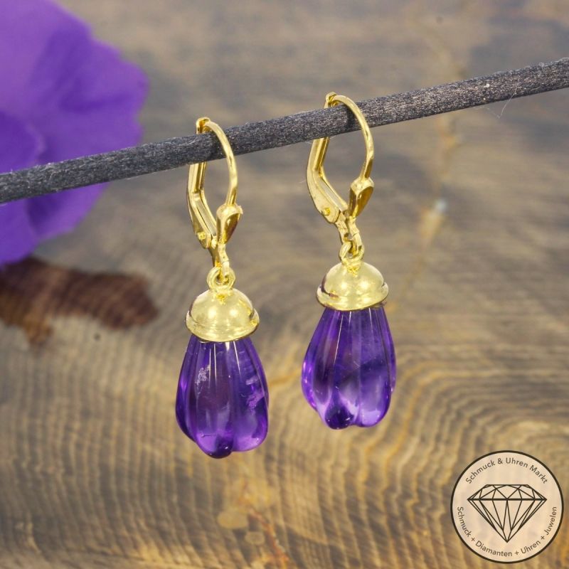 Wert 1190 € Amethyst Ohrringe in 585er 14 K Gelbgold - 106276