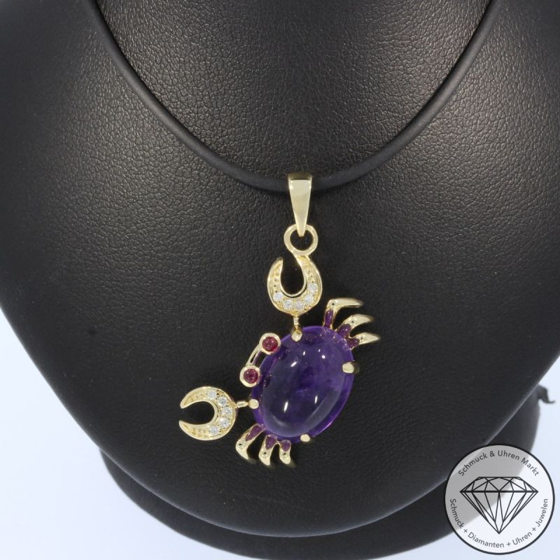 Wert 2350 € Brillant Amethyst Rubin Anhänger Krebs in 585er 14 K Gelbgold - 106455