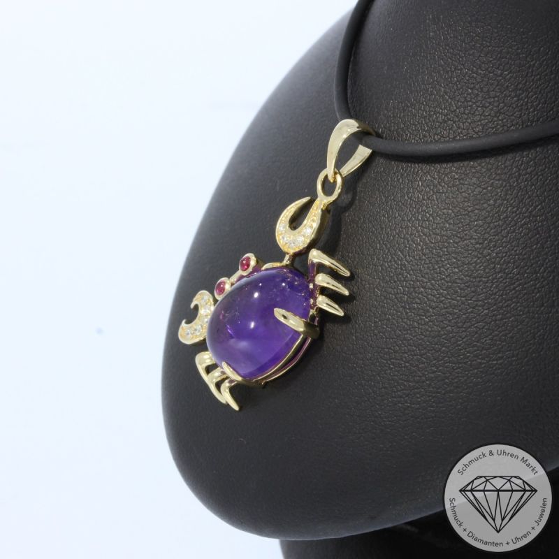 Wert 2350 € Brillant Amethyst Rubin Anhänger Krebs in 585er 14 K Gelbgold - 106455