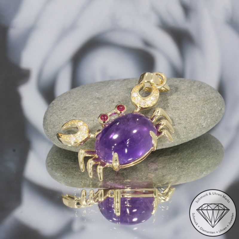 Wert 2350 € Brillant Amethyst Rubin Anhänger Krebs in 585er 14 K Gelbgold - 106455