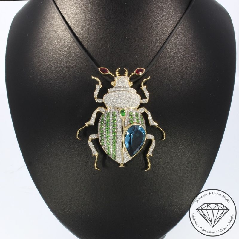 Wert 14390 € Brillant Farbedelstein Anhänger Brosche Käfer in 585er 14 K Gold - 106474