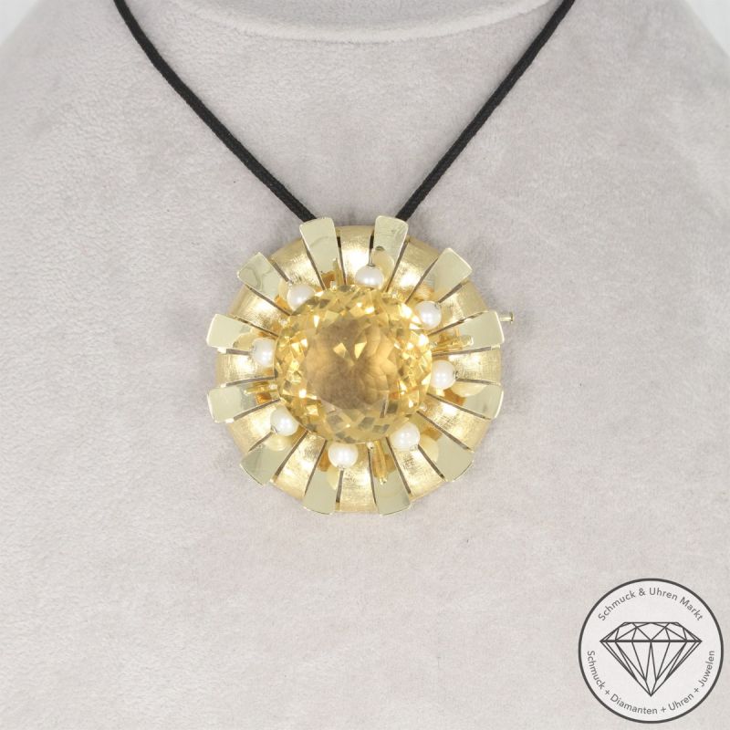 Wert 3250 € Citrin Perl Brosche & Anhänger in 585er 14 K Gelbgold - 106585