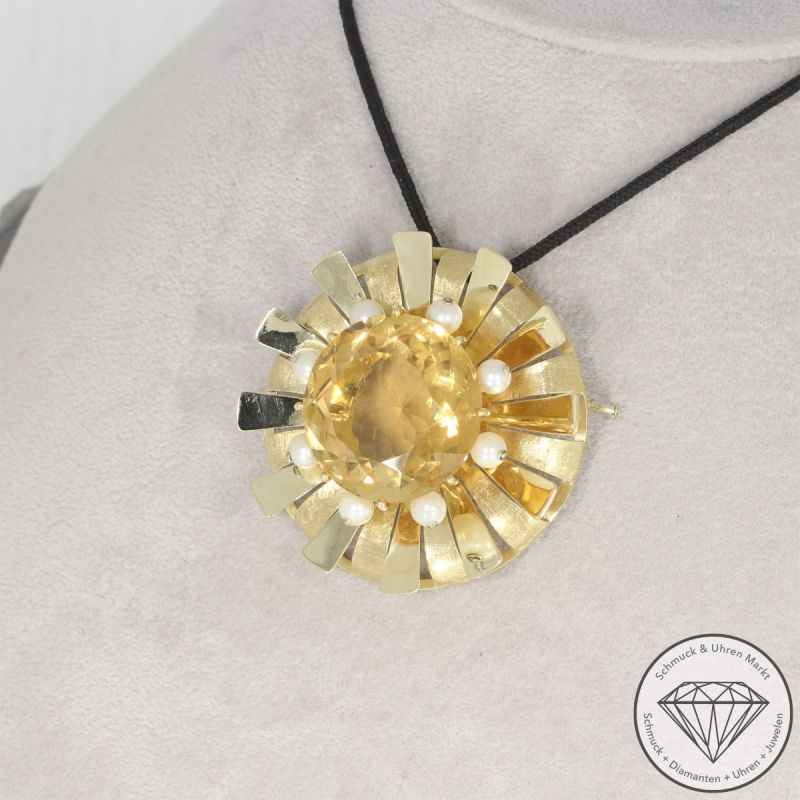 Wert 3250 € Citrin Perl Brosche & Anhänger in 585er 14 K Gelbgold - 106585