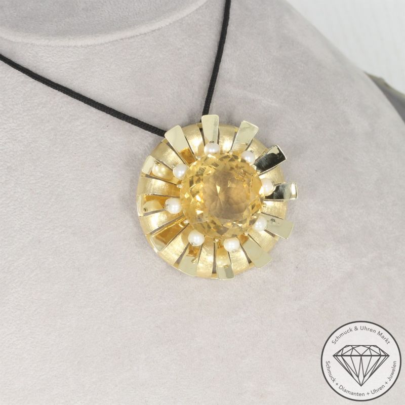 Wert 3250 € Citrin Perl Brosche & Anhänger in 585er 14 K Gelbgold - 106585