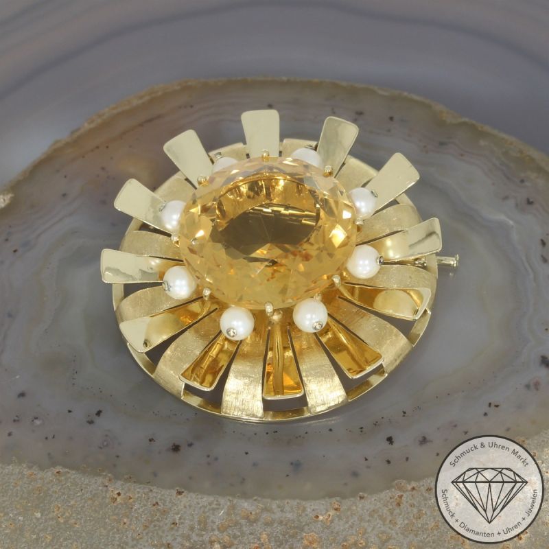 Wert 3250 € Citrin Perl Brosche & Anhänger in 585er 14 K Gelbgold - 106585