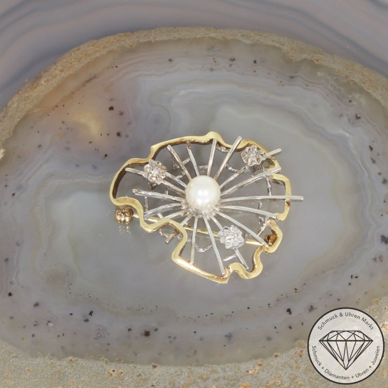 Wert 1390 € Bicolor Diamant Perl Brosche in 585er 14 K Gold - 106587