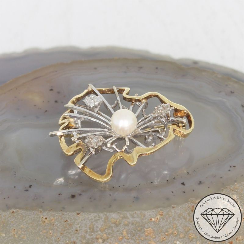 Wert 1390 € Bicolor Diamant Perl Brosche in 585er 14 K Gold - 106587