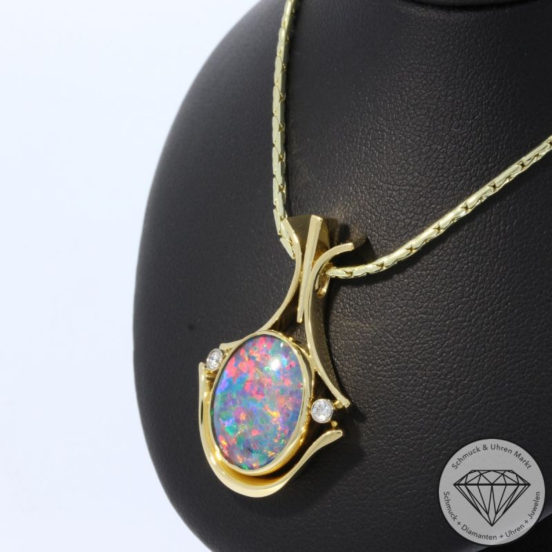 Wert 3590 € Brillant Opal Anhänger & Kette in 585er 14 K Gelbgold - 106702