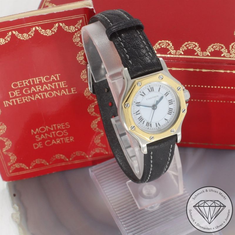Wert 4600 Euro Cartier Santos Octagon Automatik Uhr 0907 Stahl 18 K Gelb Gold Leder - 93824