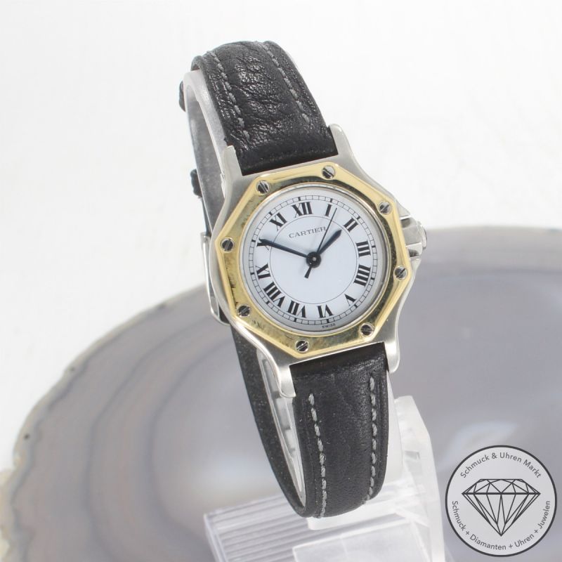 Wert 4600 Euro Cartier Santos Octagon Automatik Uhr 0907 Stahl 18 K Gelb Gold Leder - 93824