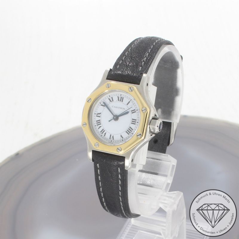 Wert 4600 Euro Cartier Santos Octagon Automatik Uhr 0907 Stahl 18 K Gelb Gold Leder - 93824