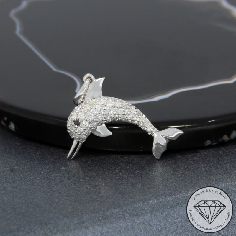 Wert 1590 € Brillant Diamant Anhänger Delfin in 585er 14 K Weißgold - H943