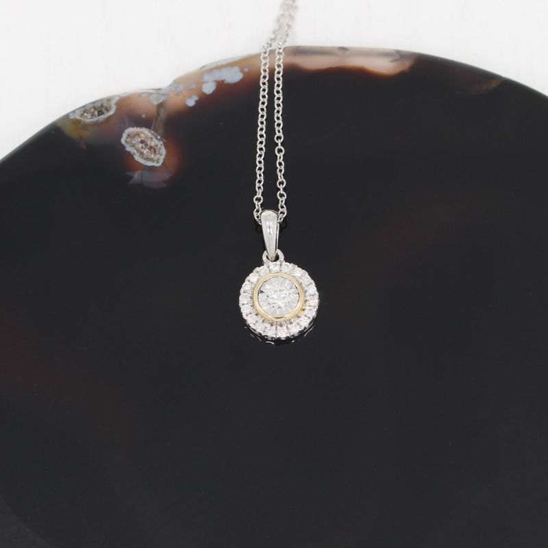 Wert 1350 € Bicolor Brillant Anhänger & Kette (0,11 carat) in 585er 14 K Gold - 76802