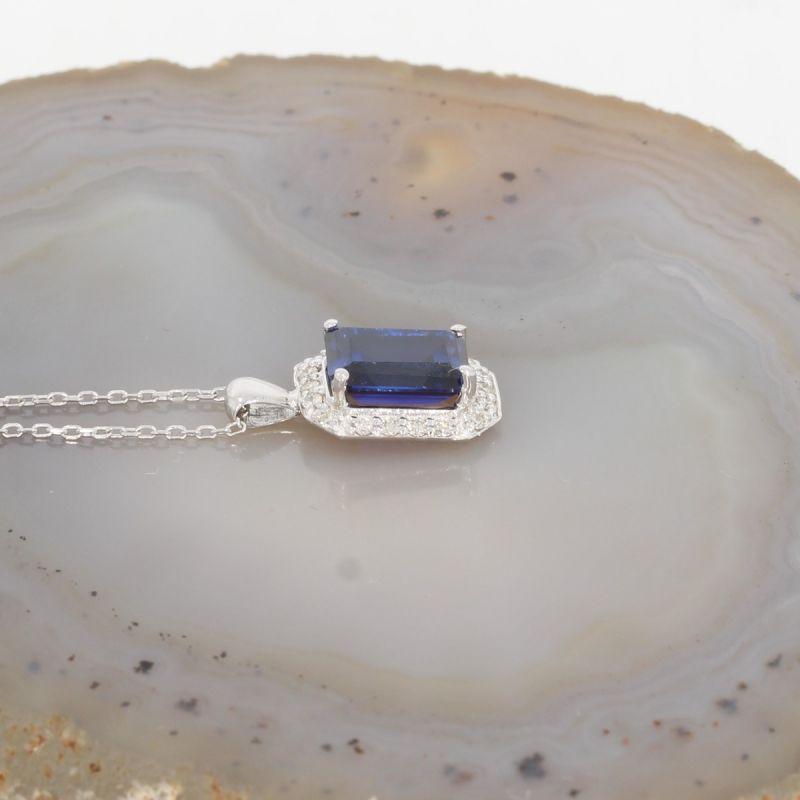 Wert 1990 € Brillant Saphir Anhänger mit Kette in 585er 14 K Weißgold - H1228