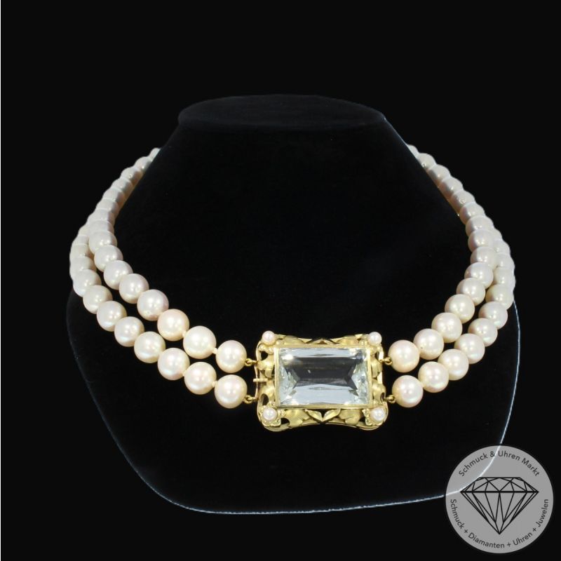 Wert 7800 € 2-reihiges Perl Collier mit Aquamarin Schließe in 585er 14 K Gelbgold - 83503