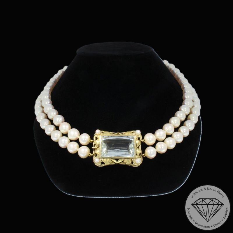 Wert 7800 € 2-reihiges Perl Collier mit Aquamarin Schließe in 585er 14 K Gelbgold - 83503
