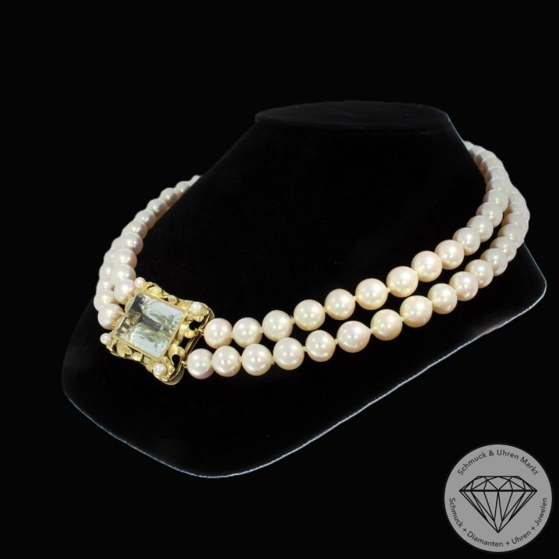 Wert 7800 € 2-reihiges Perl Collier mit Aquamarin Schließe in 585er 14 K Gelbgold - 83503