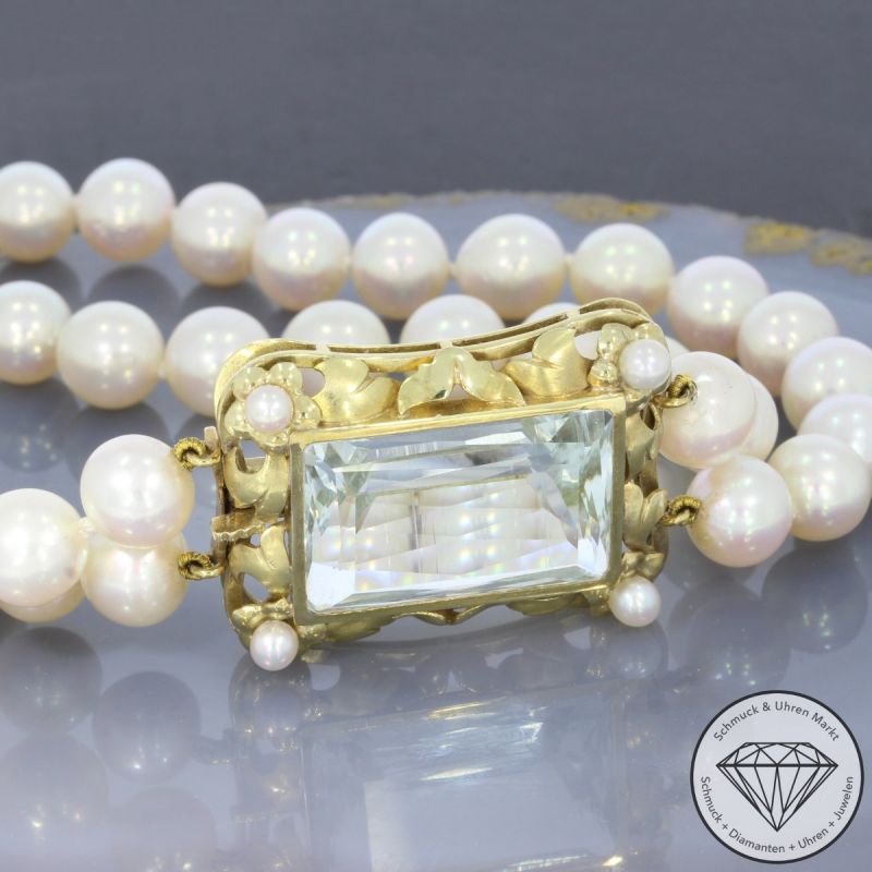 Wert 7800 € 2-reihiges Perl Collier mit Aquamarin Schließe in 585er 14 K Gelbgold - 83503